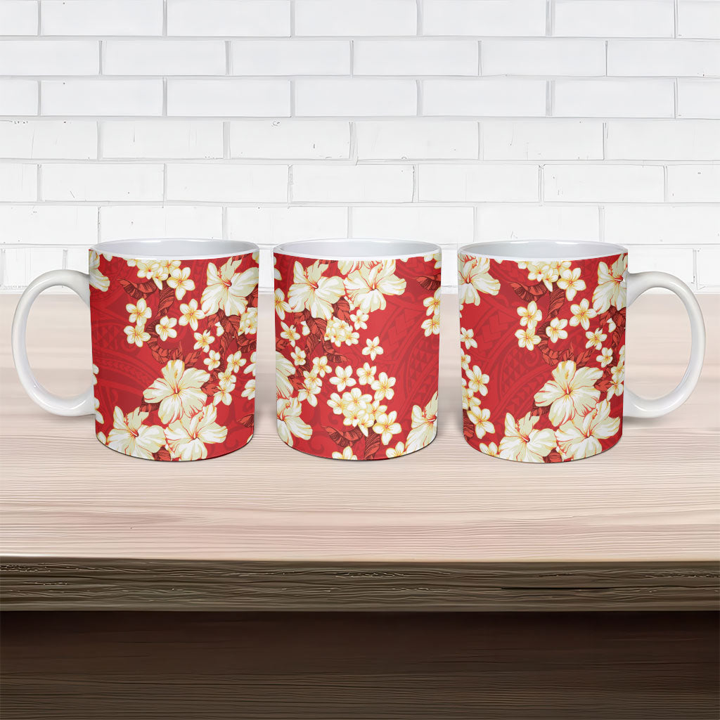 Hawaii Hibiscus Plumeria Red Ceramic Mug Polynesian Pattern