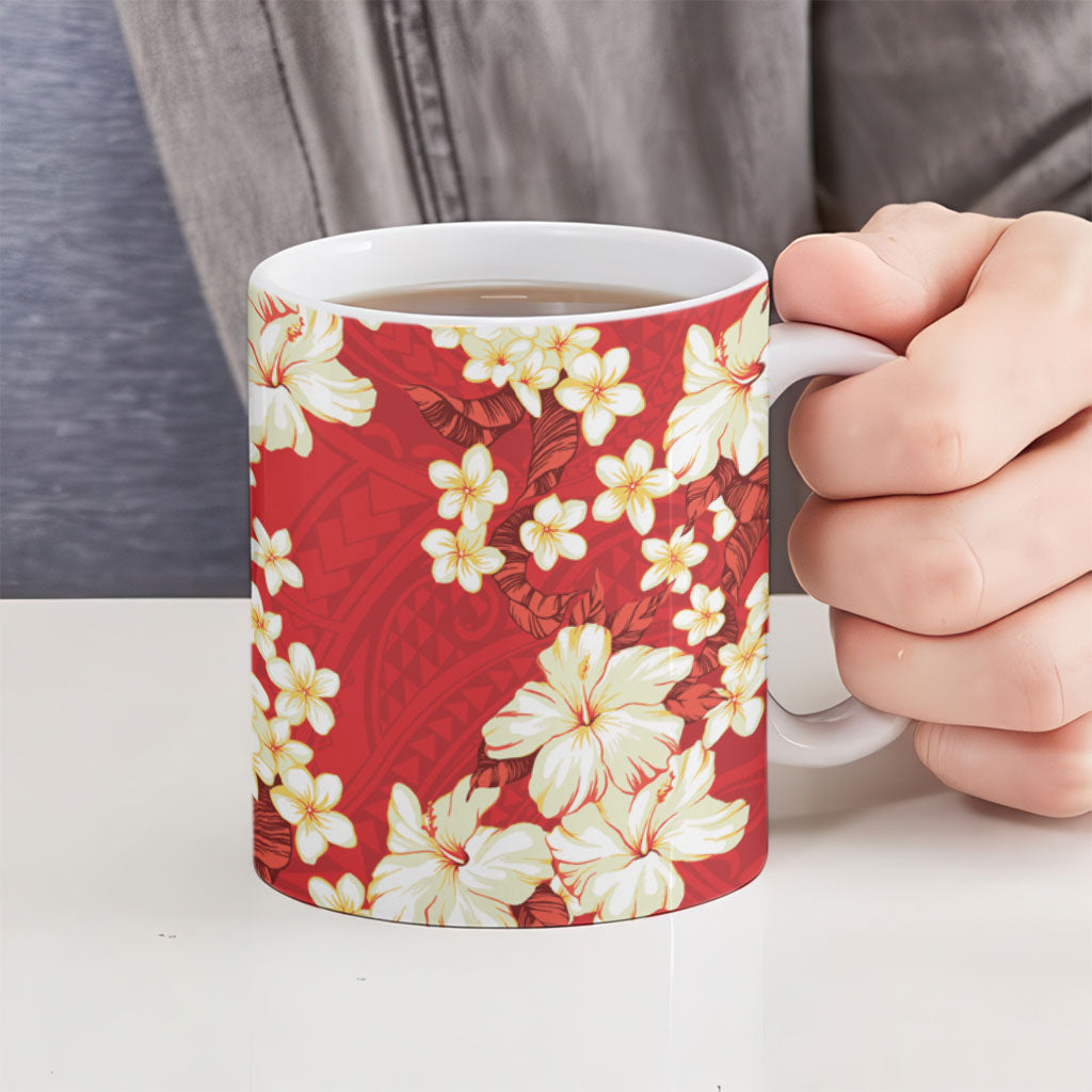 Hawaii Hibiscus Plumeria Red Ceramic Mug Polynesian Pattern