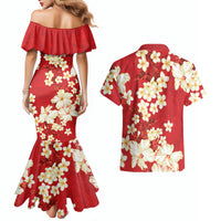 Hawaii Hibiscus Plumeria Red Couples Matching Mermaid Dress and Hawaiian Shirt Polynesian Pattern