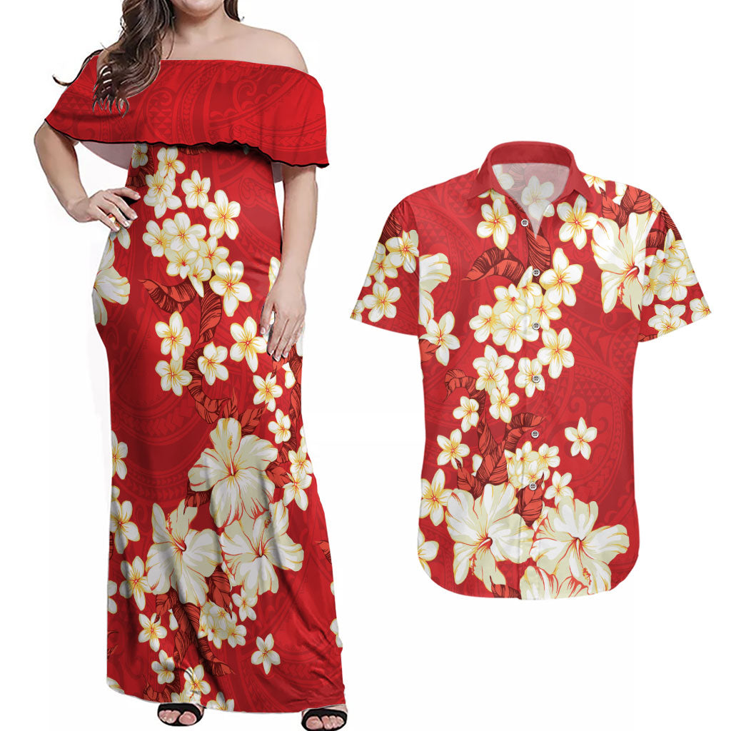 Hawaii Hibiscus Plumeria Red Couples Matching Off Shoulder Maxi Dress and Hawaiian Shirt Polynesian Pattern