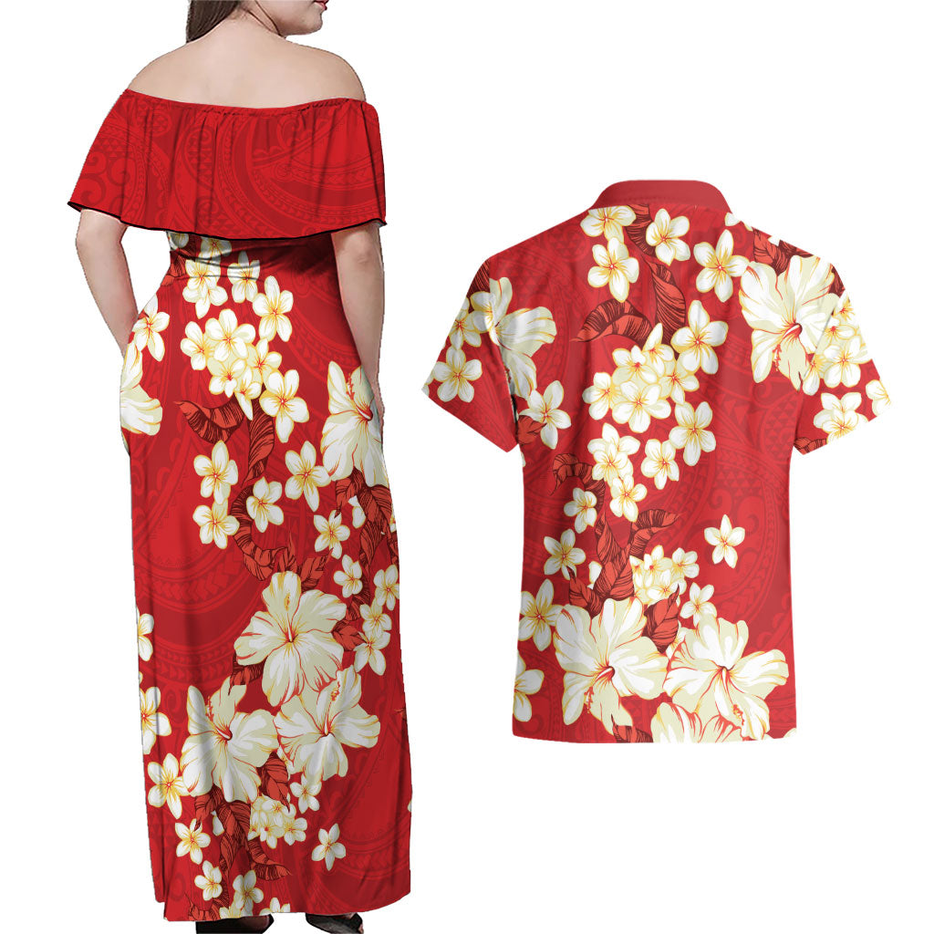 Hawaii Hibiscus Plumeria Red Couples Matching Off Shoulder Maxi Dress and Hawaiian Shirt Polynesian Pattern