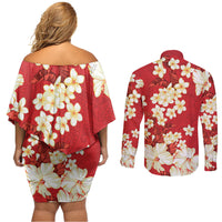 Hawaii Hibiscus Plumeria Red Couples Matching Off Shoulder Short Dress and Long Sleeve Button Shirt Polynesian Pattern