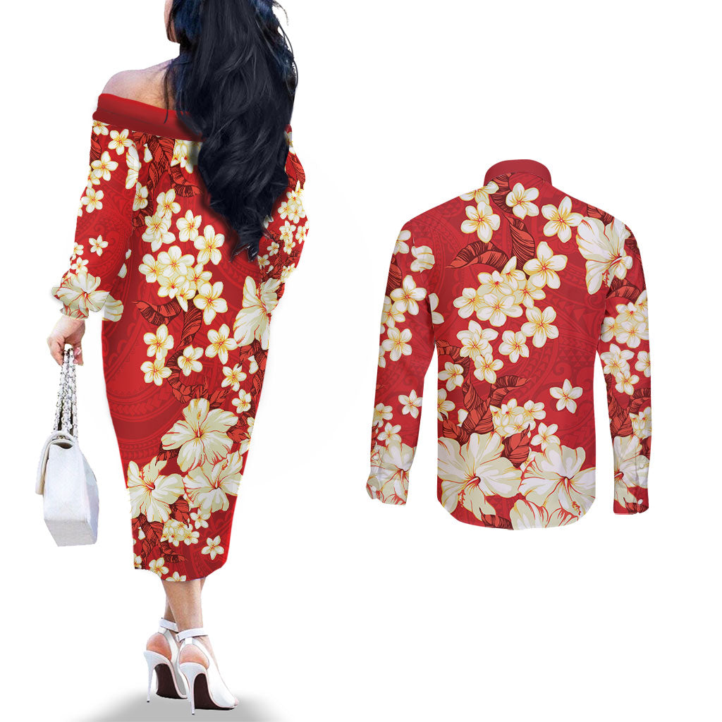 Hawaii Hibiscus Plumeria Red Couples Matching Off The Shoulder Long Sleeve Dress and Long Sleeve Button Shirt Polynesian Pattern