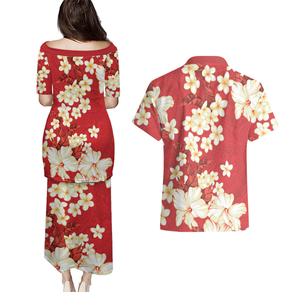 Hawaii Hibiscus Plumeria Red Couples Matching Puletasi and Hawaiian Shirt Polynesian Pattern