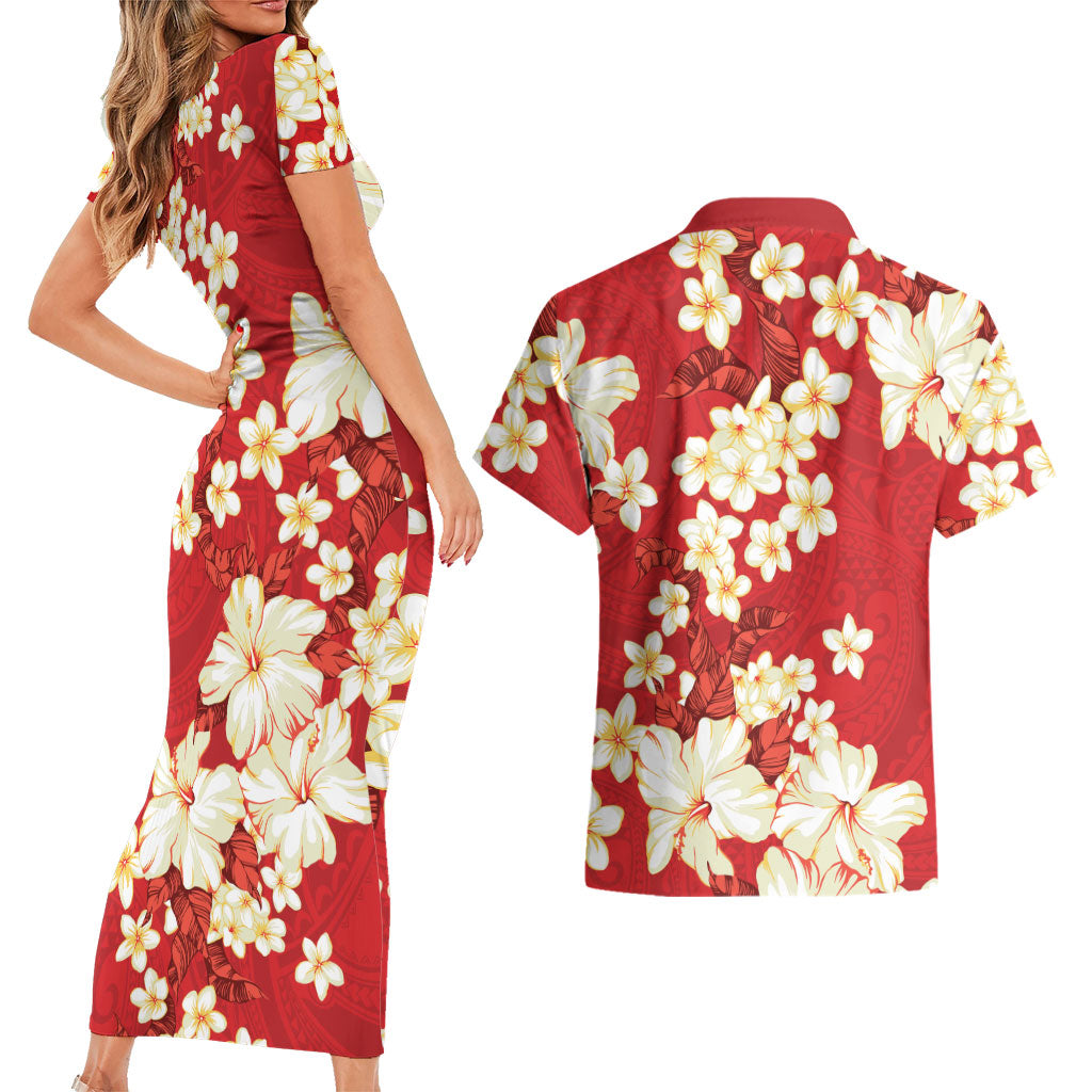 Hawaii Hibiscus Plumeria Red Couples Matching Short Sleeve Bodycon Dress and Hawaiian Shirt Polynesian Pattern
