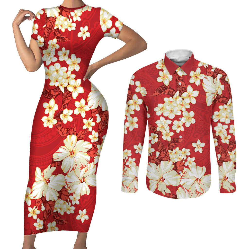 Hawaii Hibiscus Plumeria Red Couples Matching Short Sleeve Bodycon Dress and Long Sleeve Button Shirt Polynesian Pattern