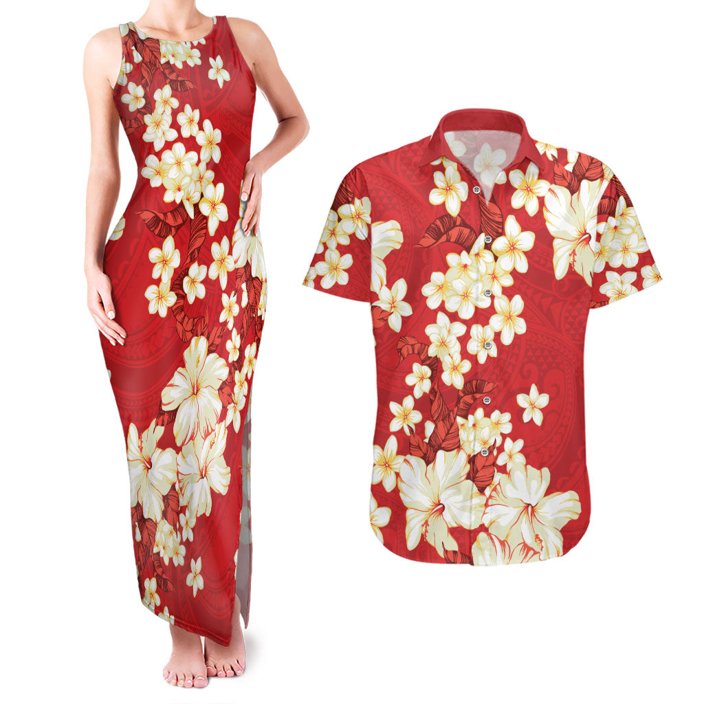Hawaii Hibiscus Plumeria Red Couples Matching Tank Maxi Dress and Hawaiian Shirt Polynesian Pattern