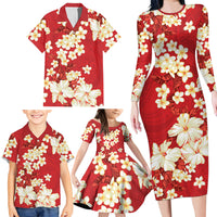 Hawaii Hibiscus Plumeria Red Family Matching Long Sleeve Bodycon Dress and Hawaiian Shirt Polynesian Pattern