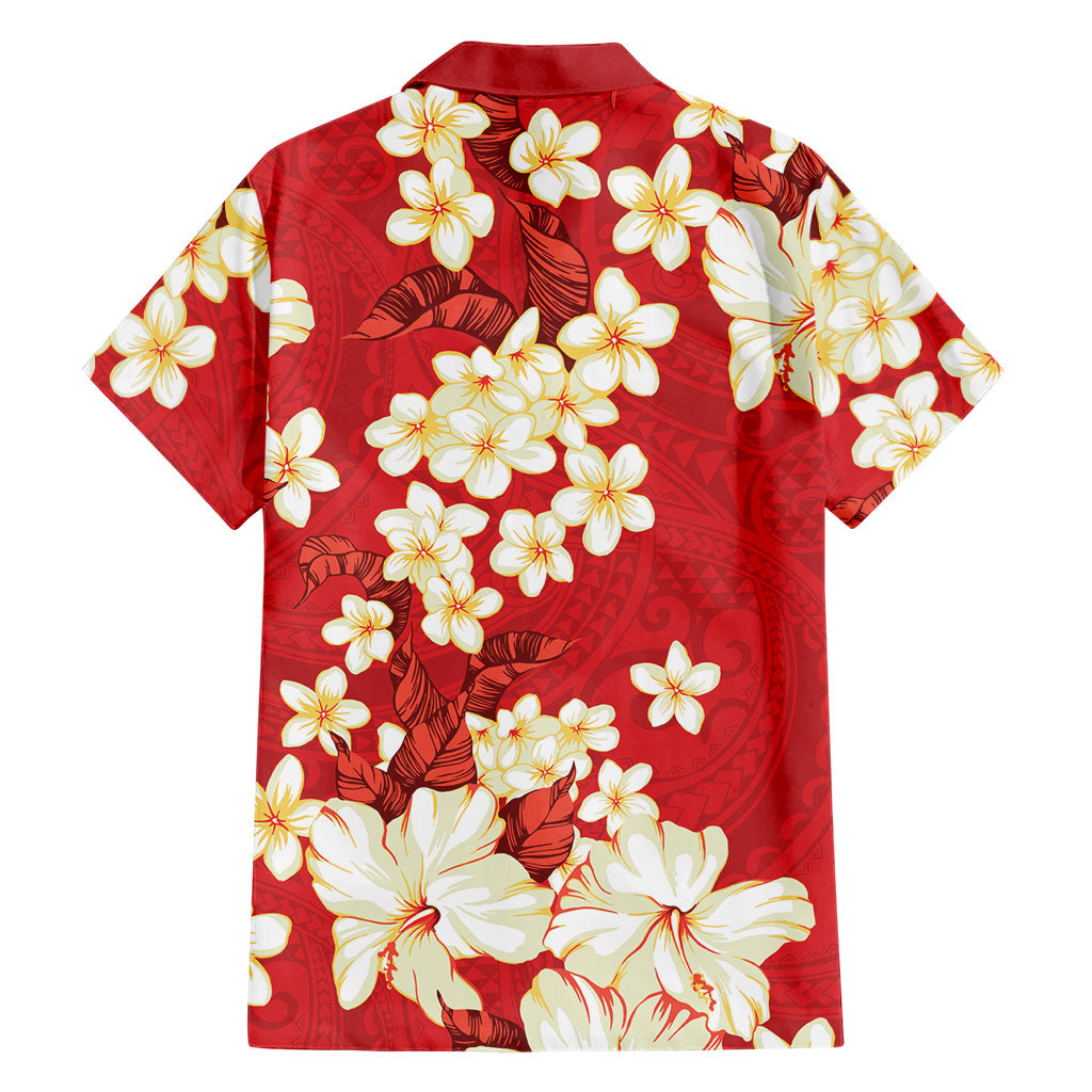 Hawaii Hibiscus Plumeria Red Family Matching Long Sleeve Bodycon Dress and Hawaiian Shirt Polynesian Pattern