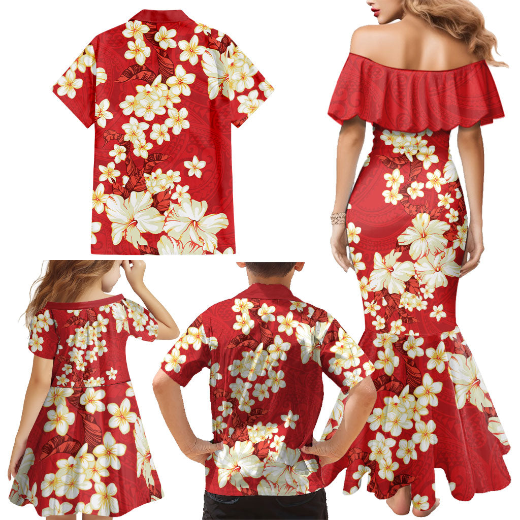 Hawaii Hibiscus Plumeria Red Family Matching Mermaid Dress and Hawaiian Shirt Polynesian Pattern