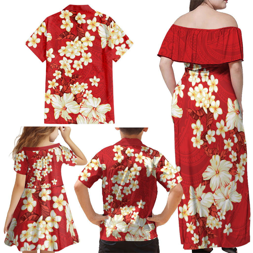 Hawaii Hibiscus Plumeria Red Family Matching Off Shoulder Maxi Dress and Hawaiian Shirt Polynesian Pattern