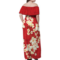 Hawaii Hibiscus Plumeria Red Family Matching Off Shoulder Maxi Dress and Hawaiian Shirt Polynesian Pattern