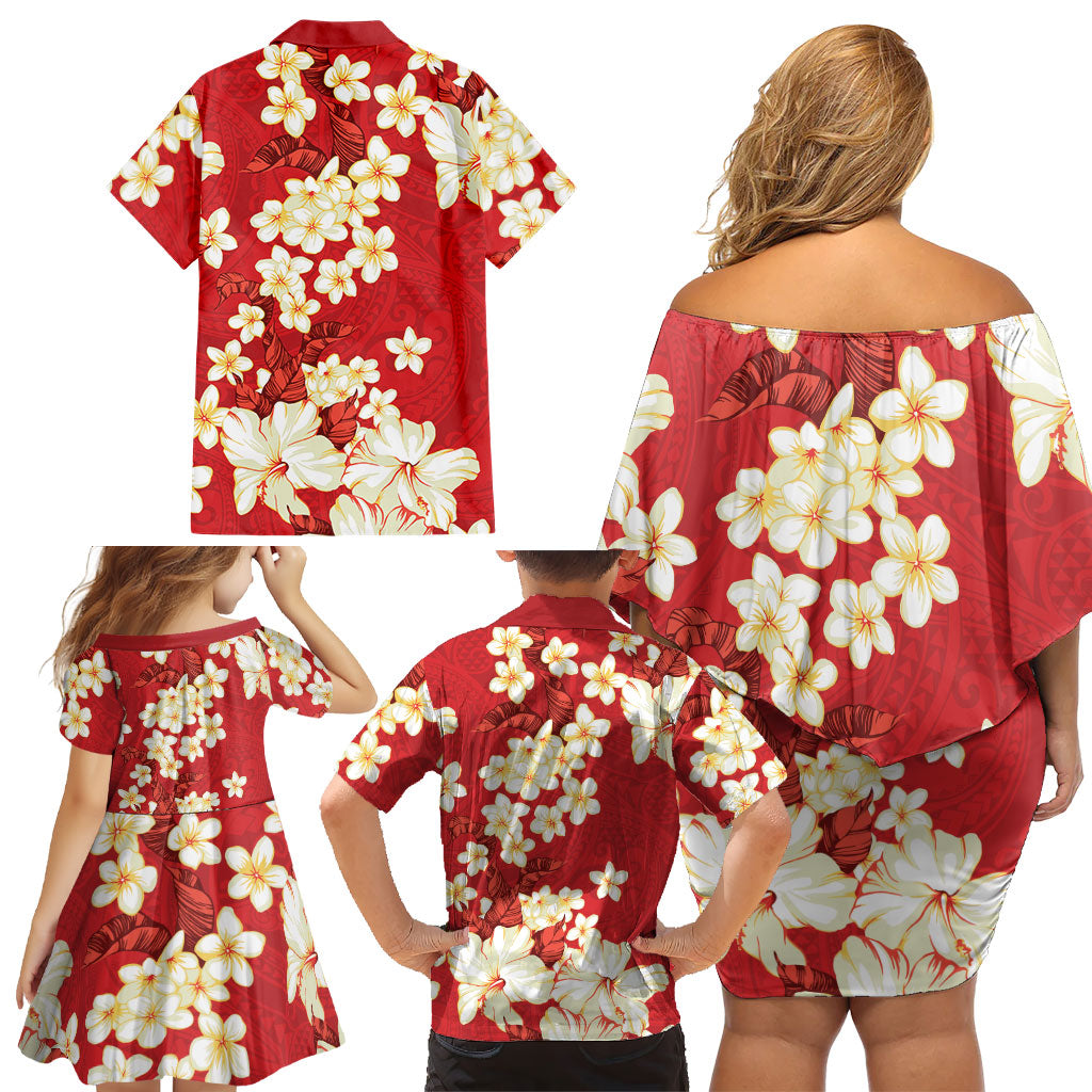Hawaii Hibiscus Plumeria Red Family Matching Off Shoulder Short Dress and Hawaiian Shirt Polynesian Pattern