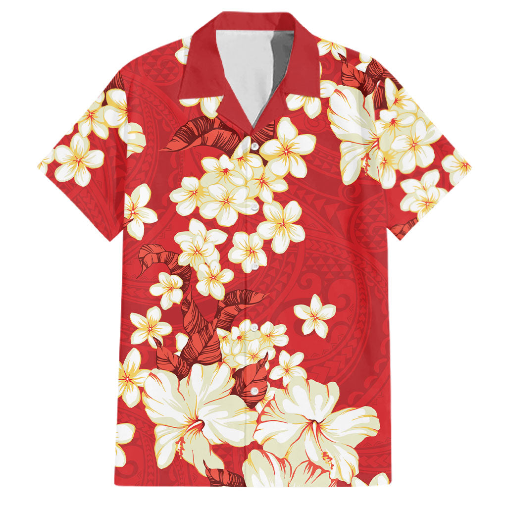 Hawaii Hibiscus Plumeria Red Family Matching Off Shoulder Short Dress and Hawaiian Shirt Polynesian Pattern
