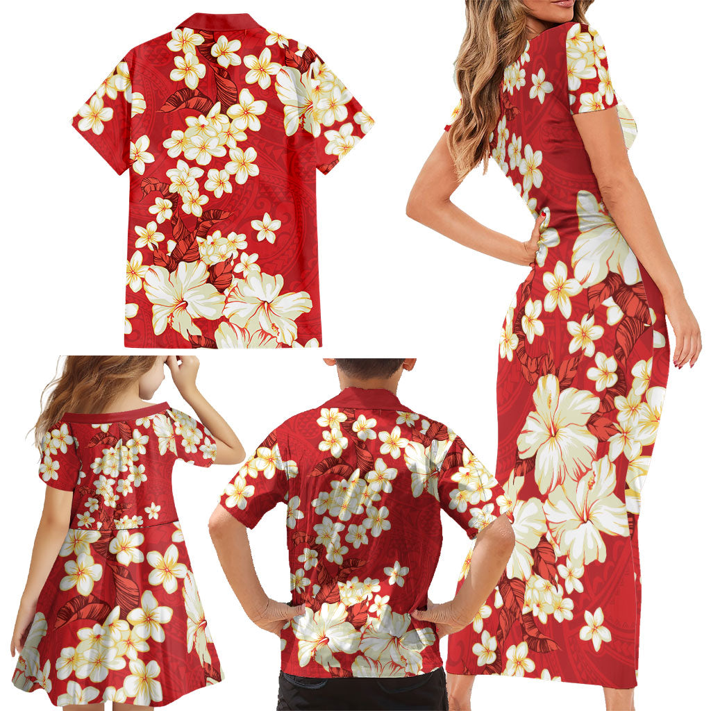 Hawaii Hibiscus Plumeria Red Family Matching Short Sleeve Bodycon Dress and Hawaiian Shirt Polynesian Pattern