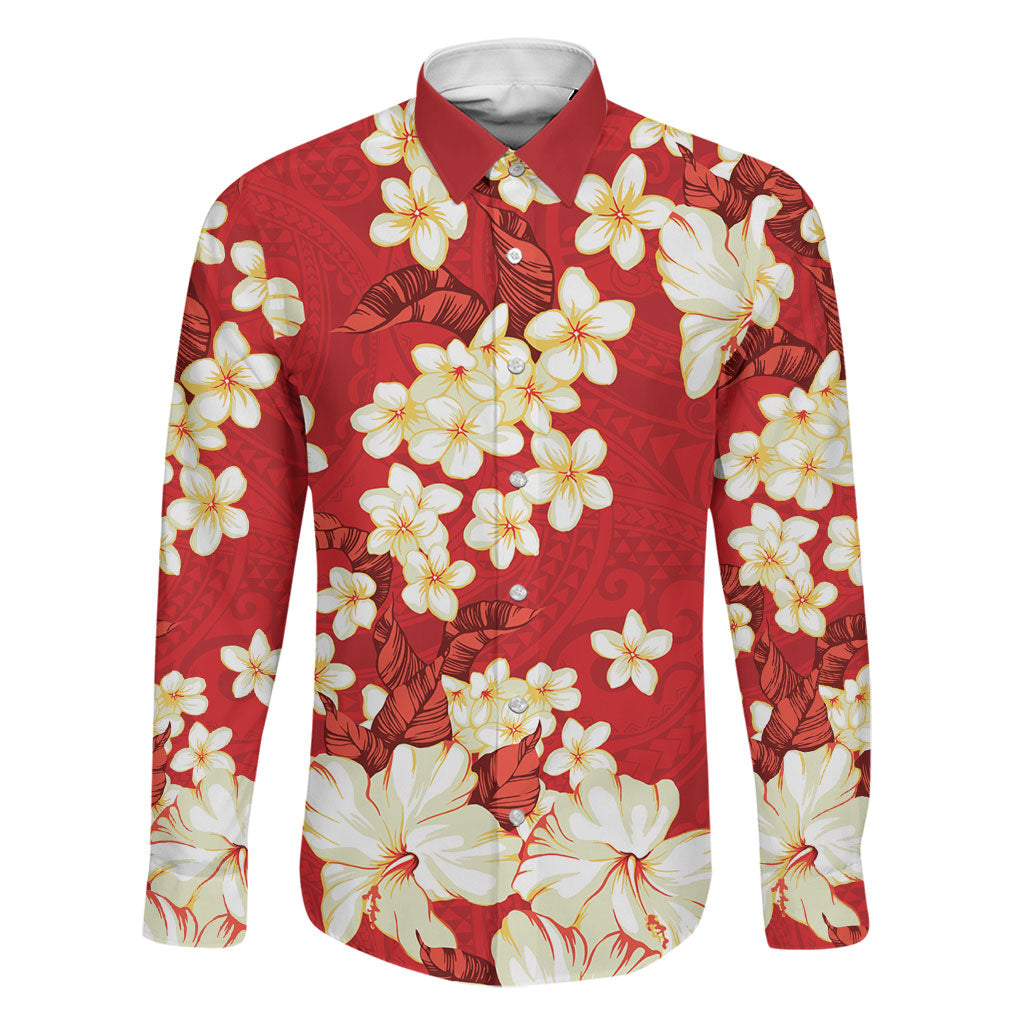 Hawaii Hibiscus Plumeria Red Family Matching Short Sleeve Bodycon Dress and Hawaiian Shirt Polynesian Pattern