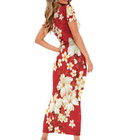 Hawaii Hibiscus Plumeria Red Family Matching Short Sleeve Bodycon Dress and Hawaiian Shirt Polynesian Pattern