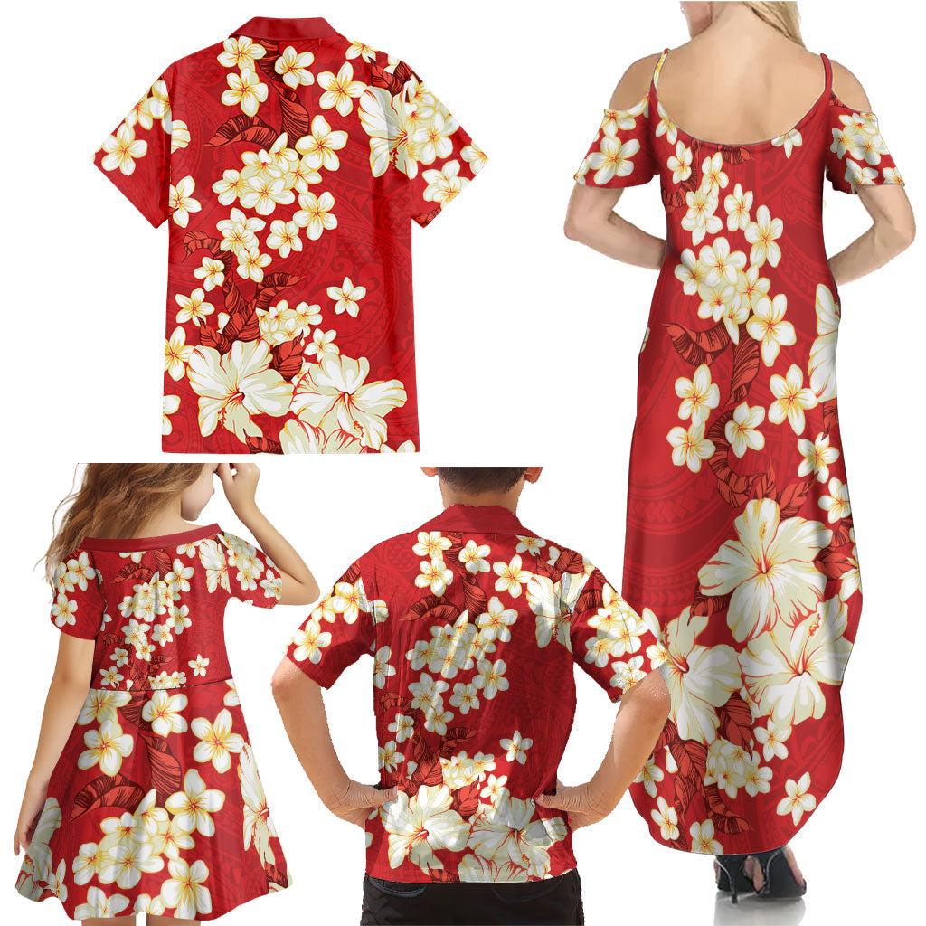 Hawaii Hibiscus Plumeria Red Family Matching Summer Maxi Dress and Hawaiian Shirt Polynesian Pattern