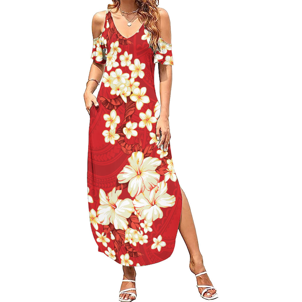 Hawaii Hibiscus Plumeria Red Family Matching Summer Maxi Dress and Hawaiian Shirt Polynesian Pattern