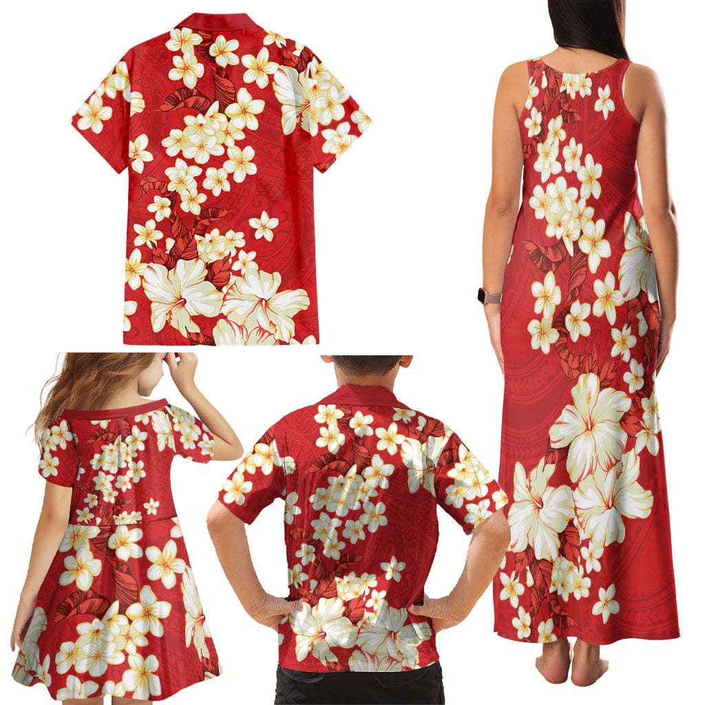 Hawaii Hibiscus Plumeria Red Family Matching Tank Maxi Dress and Hawaiian Shirt Polynesian Pattern