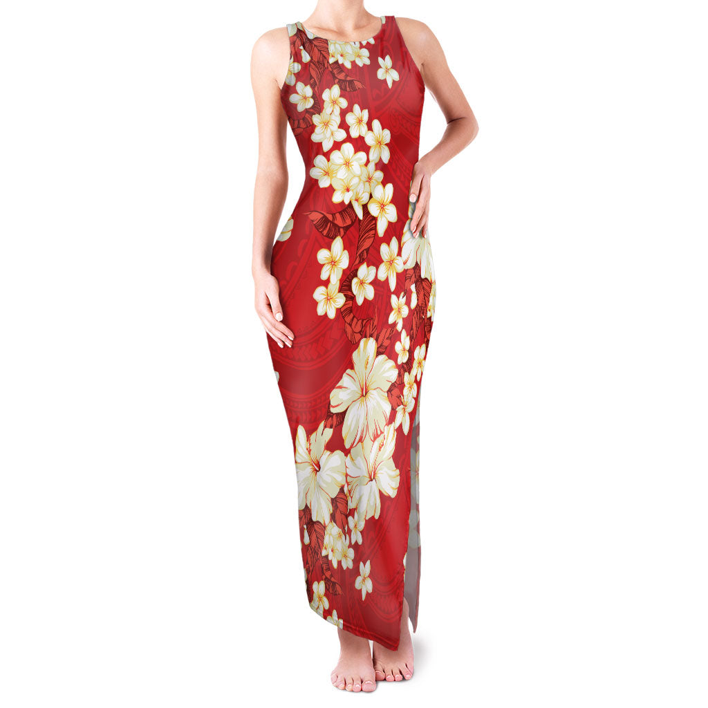 Hawaii Hibiscus Plumeria Red Family Matching Tank Maxi Dress and Hawaiian Shirt Polynesian Pattern