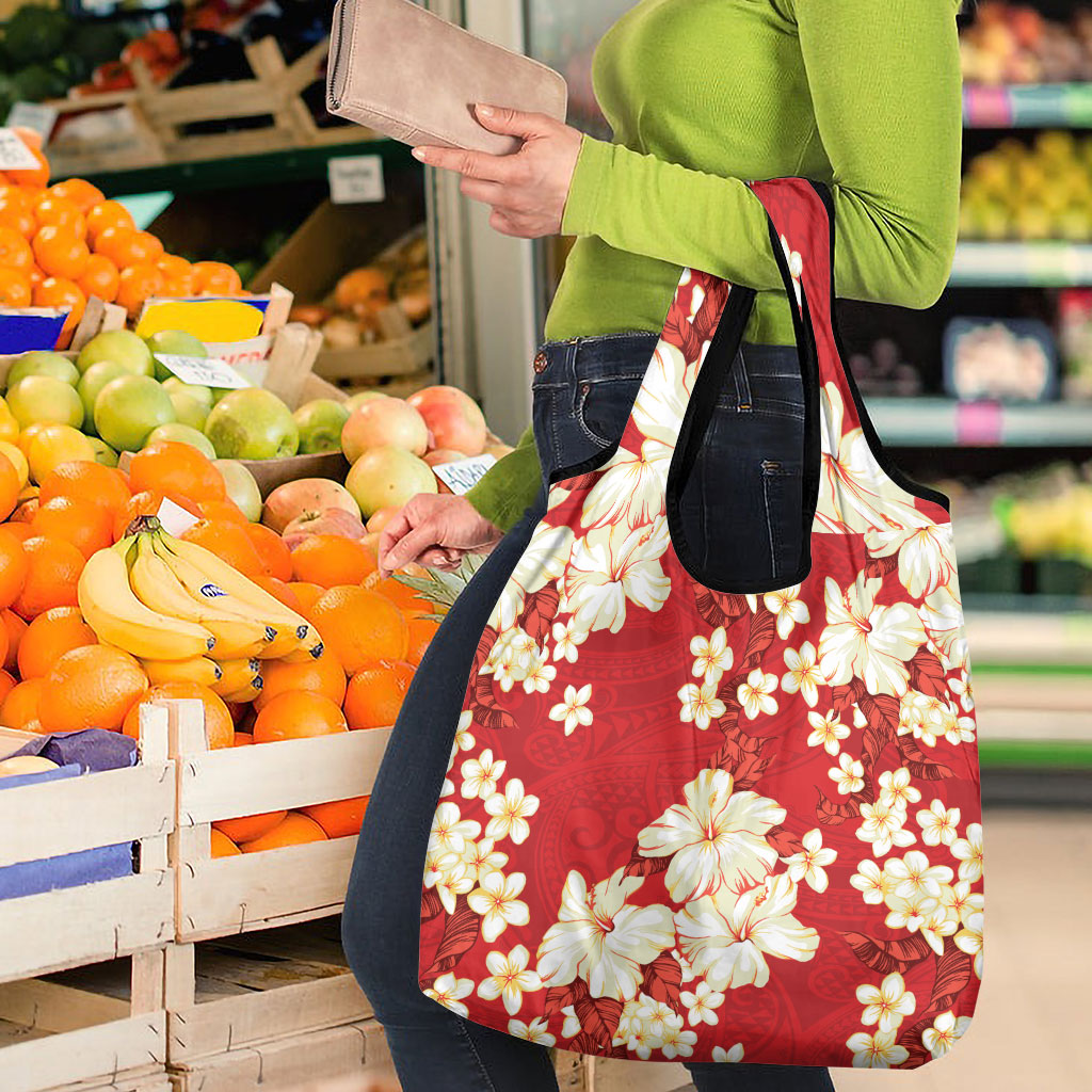 Hawaii Hibiscus Plumeria Red Grocery Bag Polynesian Pattern