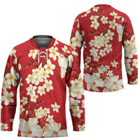 Hawaii Hibiscus Plumeria Red Hockey Jersey Polynesian Pattern