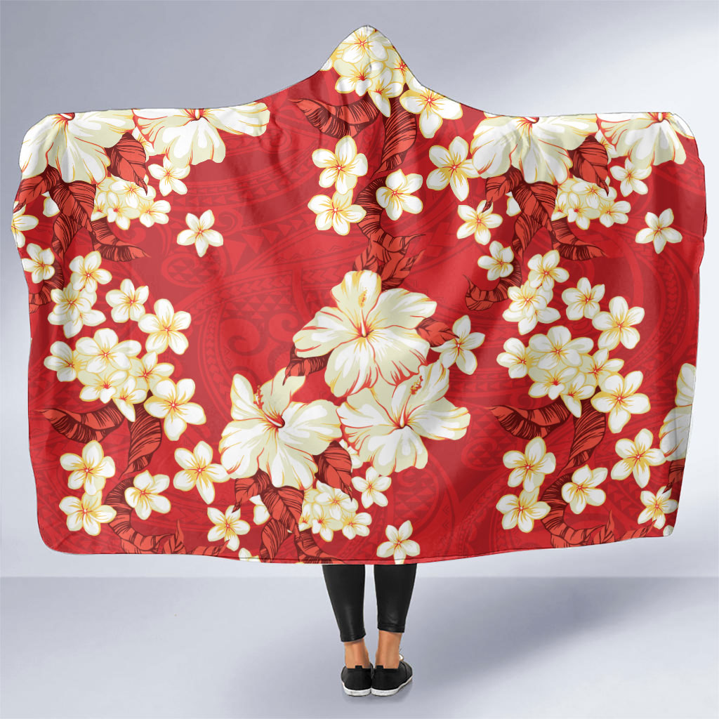 Hawaii Hibiscus Plumeria Red Hooded Blanket Polynesian Pattern