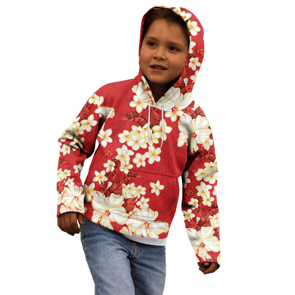 Hawaii Hibiscus Plumeria Red Kid Hoodie Polynesian Pattern