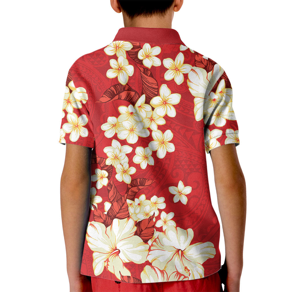 Hawaii Hibiscus Plumeria Red Kid Polo Shirt Polynesian Pattern