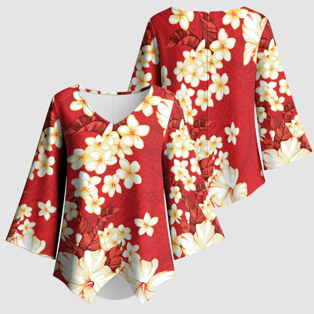 Hawaii Hibiscus Plumeria Red Kimono Sleeve Blouse Polynesian Pattern