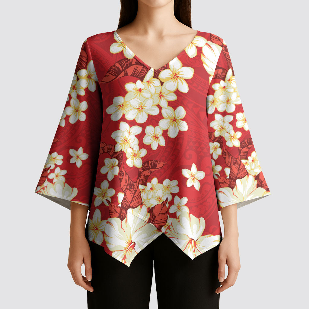 Hawaii Hibiscus Plumeria Red Kimono Sleeve Blouse Polynesian Pattern