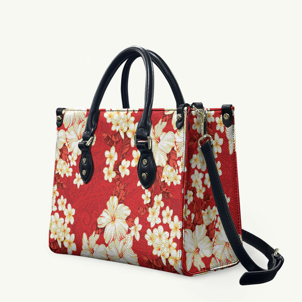 Hawaii Hibiscus Plumeria Red Leather Bag Polynesian Pattern