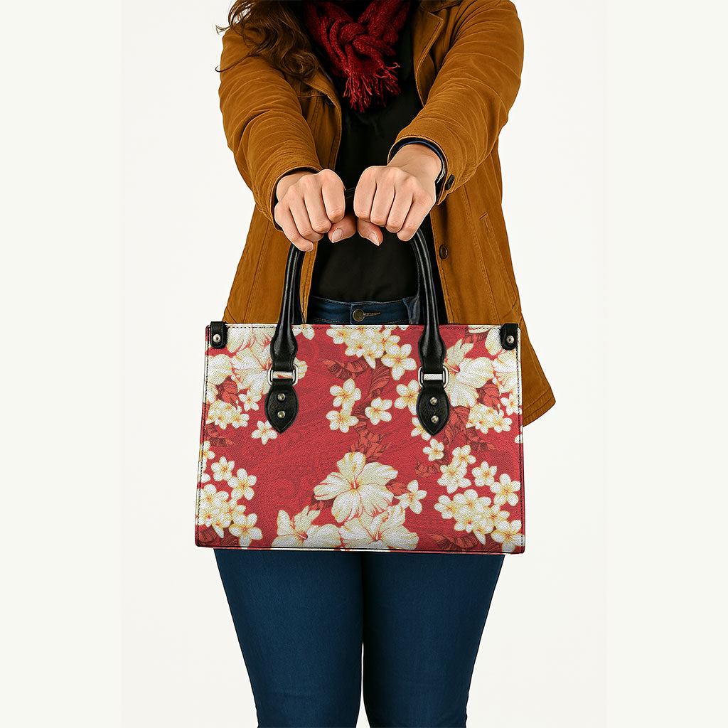 Hawaii Hibiscus Plumeria Red Leather Bag Polynesian Pattern