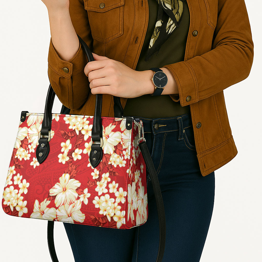 Hawaii Hibiscus Plumeria Red Leather Bag Polynesian Pattern