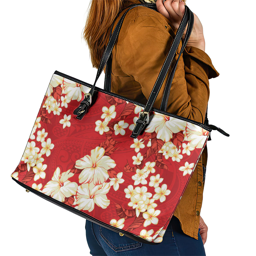 Hawaii Hibiscus Plumeria Red Leather Tote Bag Polynesian Pattern