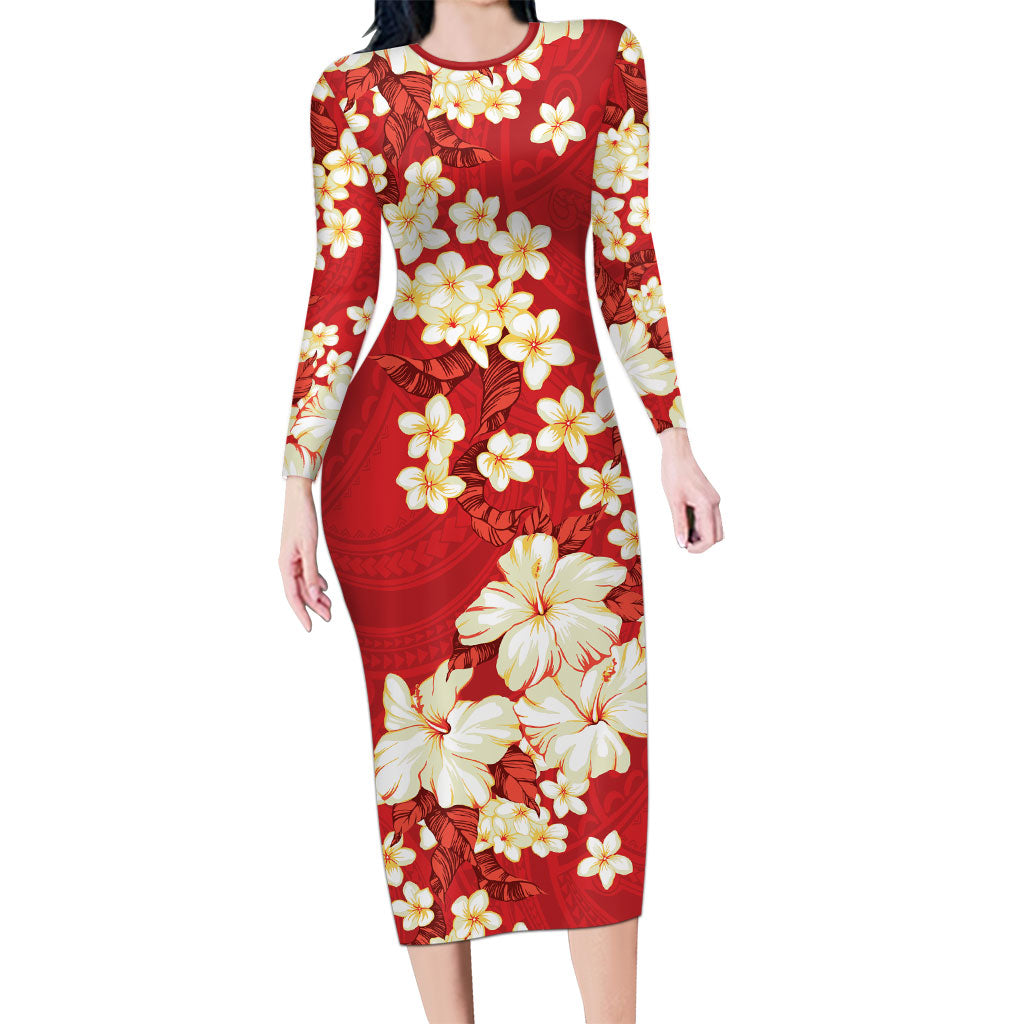 Hawaii Hibiscus Plumeria Red Long Sleeve Bodycon Dress Polynesian Pattern