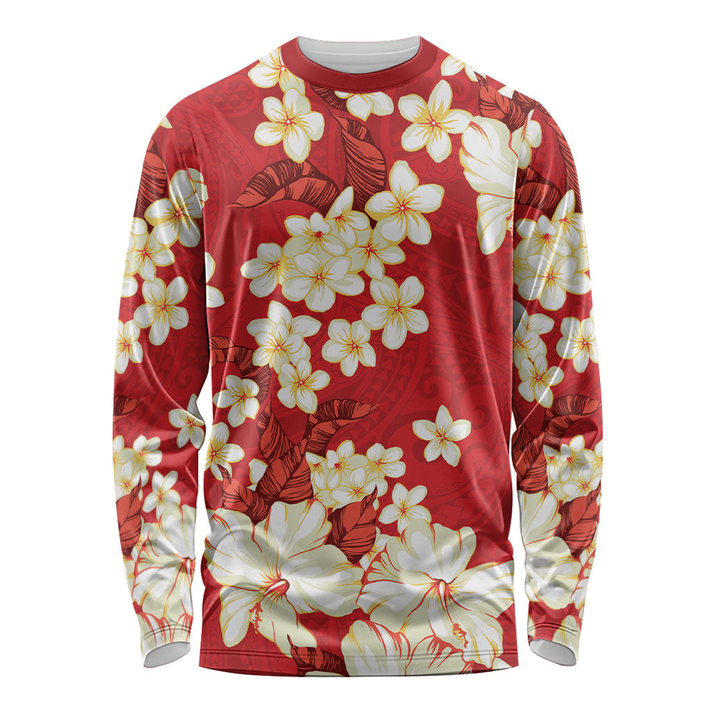 Hawaii Hibiscus Plumeria Red Long Sleeve Shirt Polynesian Pattern