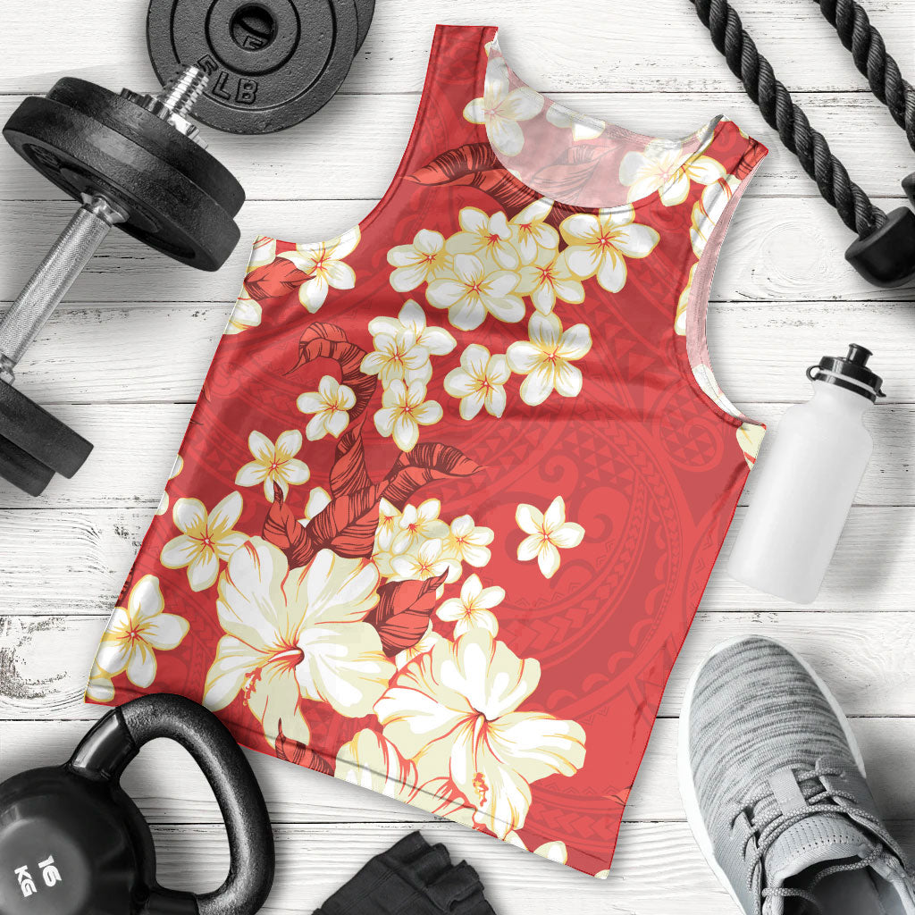 Hawaii Hibiscus Plumeria Red Men Tank Top Polynesian Pattern