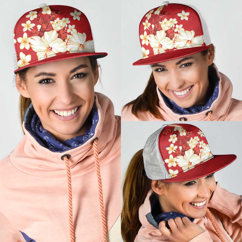 Hawaii Hibiscus Plumeria Red Mesh Trucker Cap Polynesian Pattern
