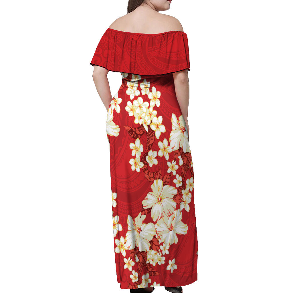 Hawaii Hibiscus Plumeria Red Off Shoulder Maxi Dress Polynesian Pattern
