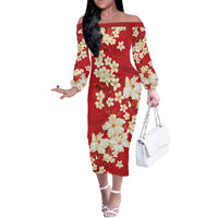Hawaii Hibiscus Plumeria Red Off The Shoulder Long Sleeve Dress Polynesian Pattern