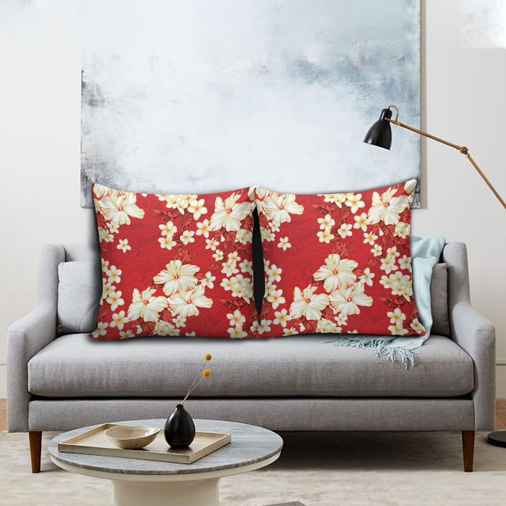Hawaii Hibiscus Plumeria Red Pillow Cover Polynesian Pattern