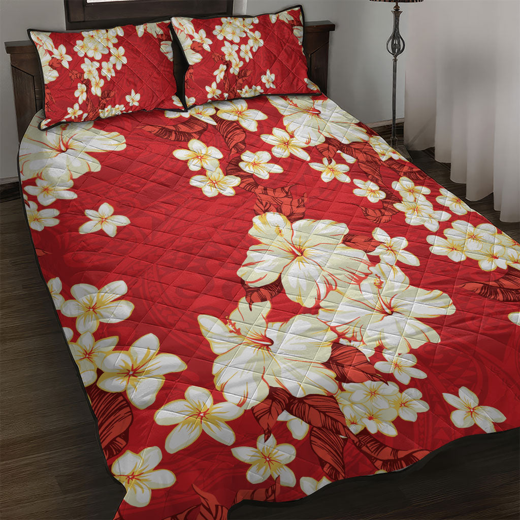 Hawaii Hibiscus Plumeria Red Quilt Bed Set Polynesian Pattern