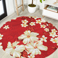 Hawaii Hibiscus Plumeria Red Round Carpet Polynesian Pattern