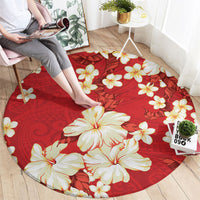 Hawaii Hibiscus Plumeria Red Round Carpet Polynesian Pattern
