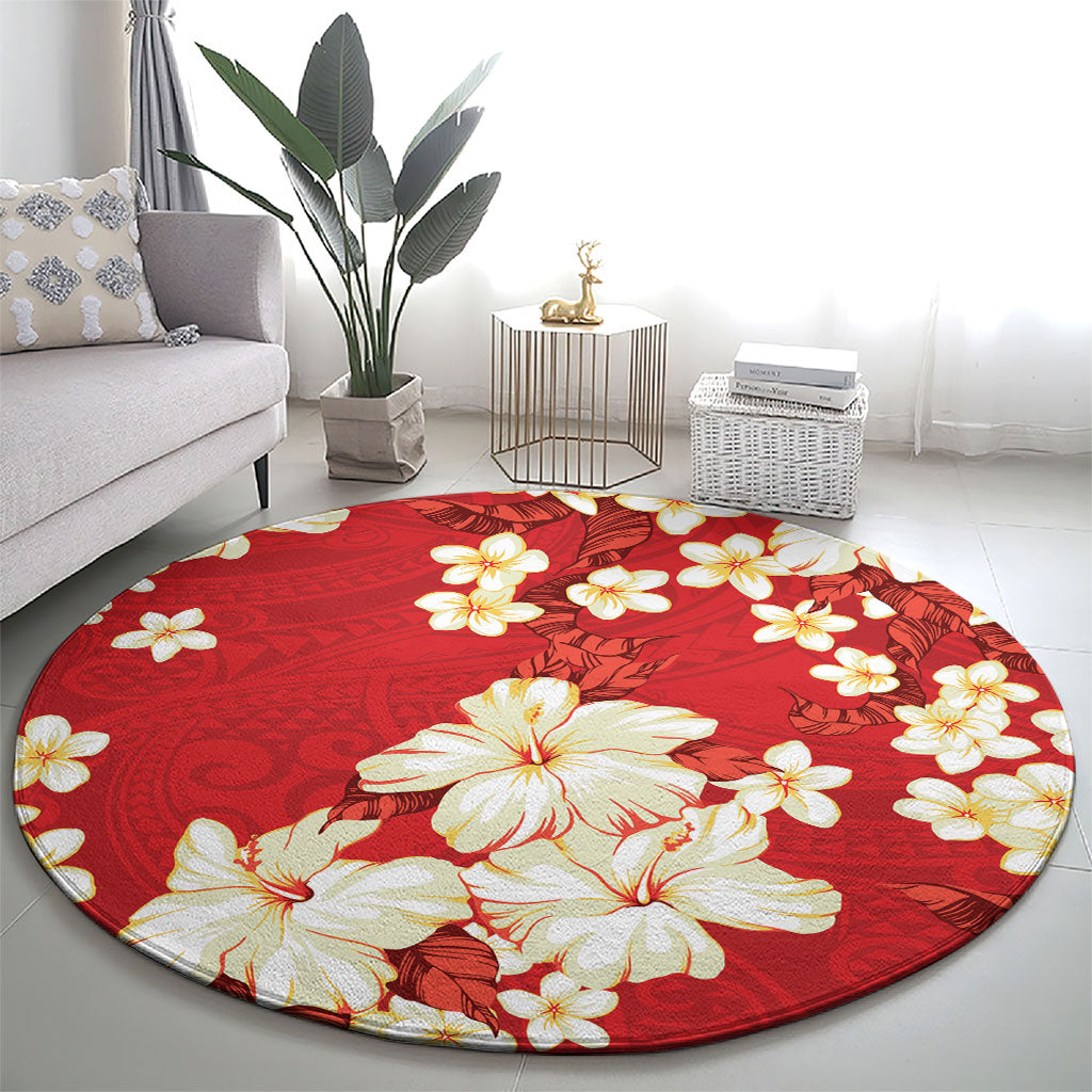 Hawaii Hibiscus Plumeria Red Round Carpet Polynesian Pattern