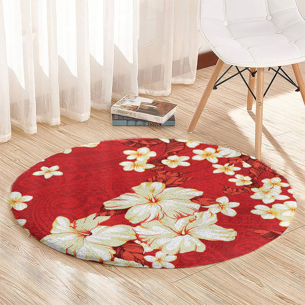 Hawaii Hibiscus Plumeria Red Round Carpet Polynesian Pattern