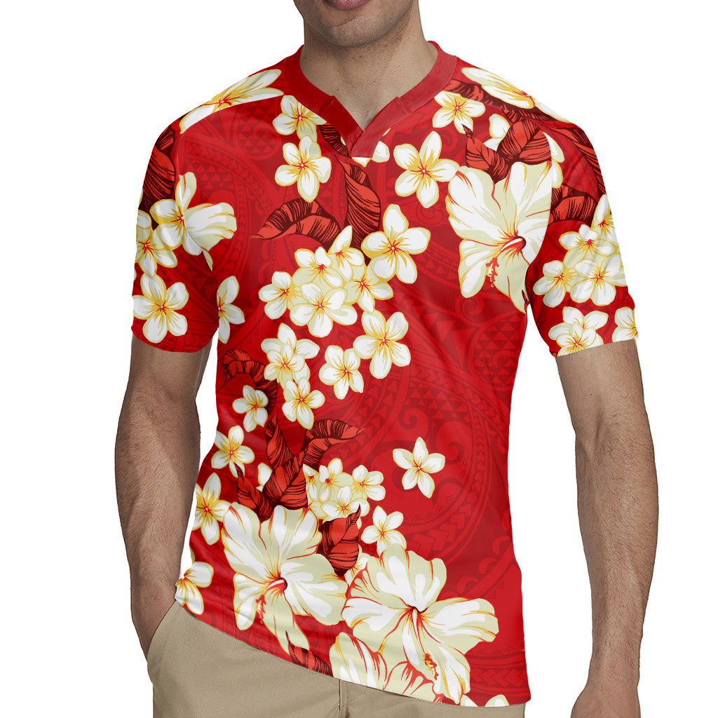 Hawaii Hibiscus Plumeria Red Rugby Jersey Polynesian Pattern