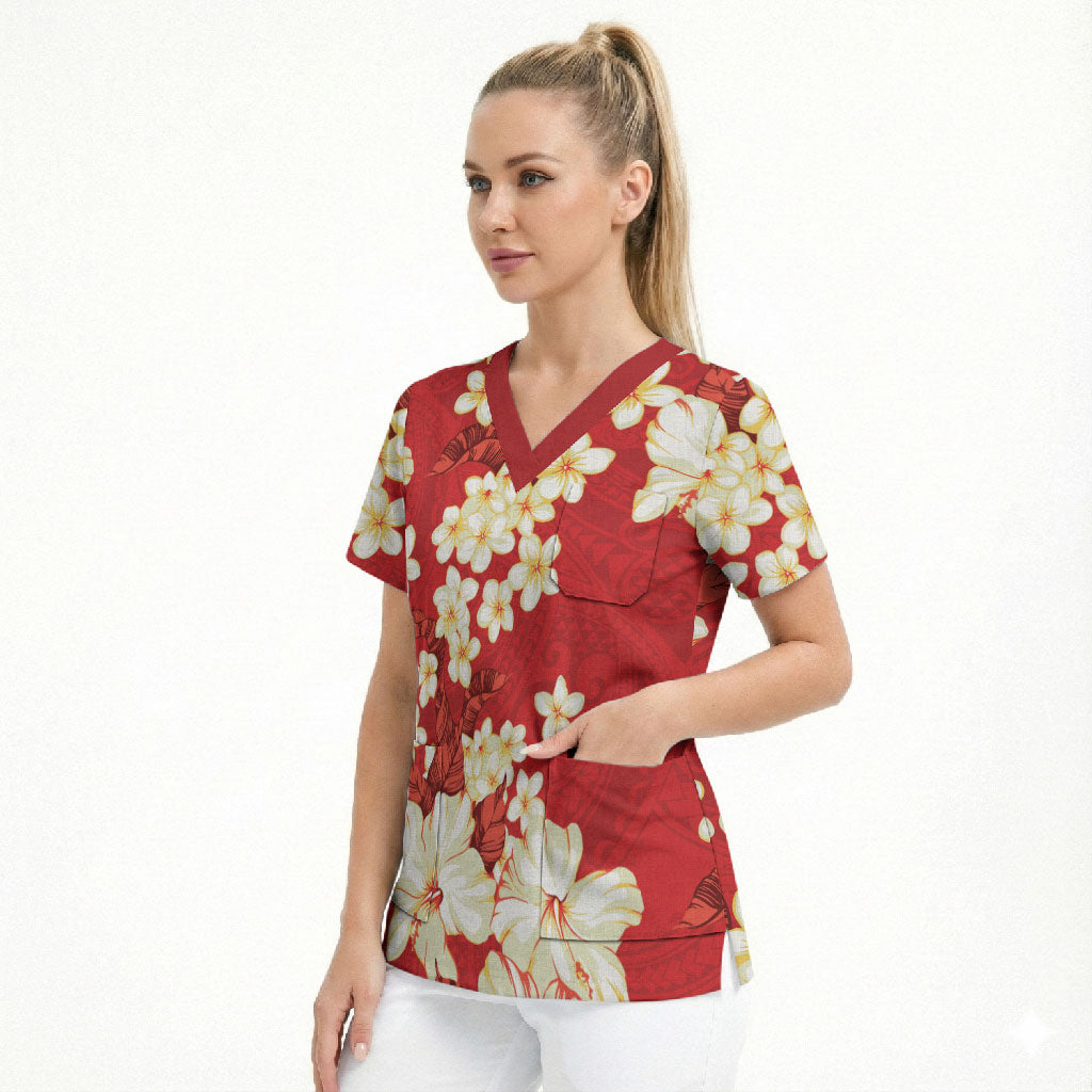 Hawaii Hibiscus Plumeria Red Scrub Top Polynesian Pattern